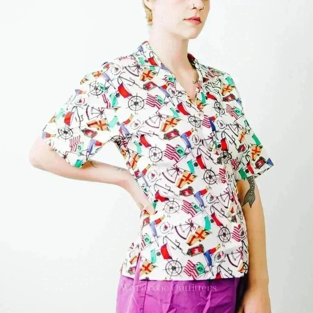 Vintage 90s Jos. A. Bank Sportswear Nautical Flag Button Up Shirt - Picture 4 of 10